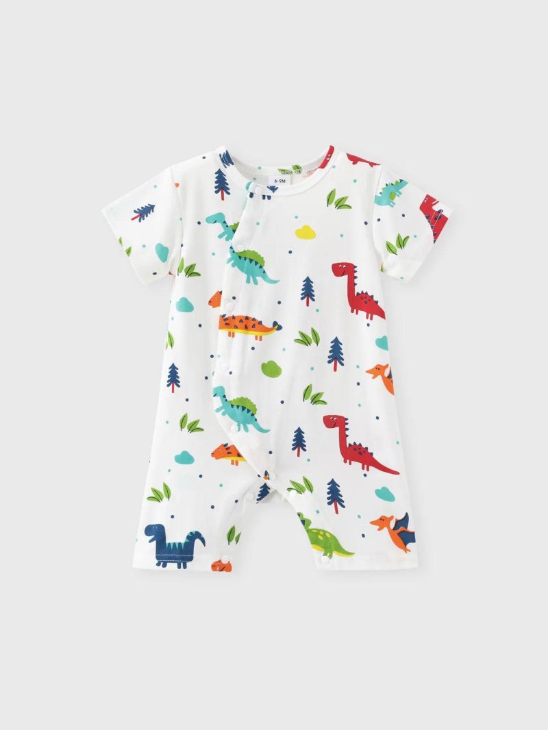 Bodysuits ＆ Rompers | Baby Boys 100% Cotton Dinosaur Print Short-sleeve Grey Baby Romper White|Grey