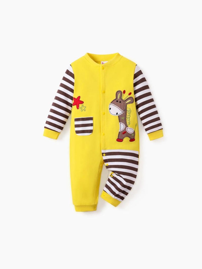 Bodysuits ＆ Rompers | Baby Boys 100% Cotton Giraffe Applique Stripe Print Long-sleeve Baby Jumpsuit Yellow|Dark Blue