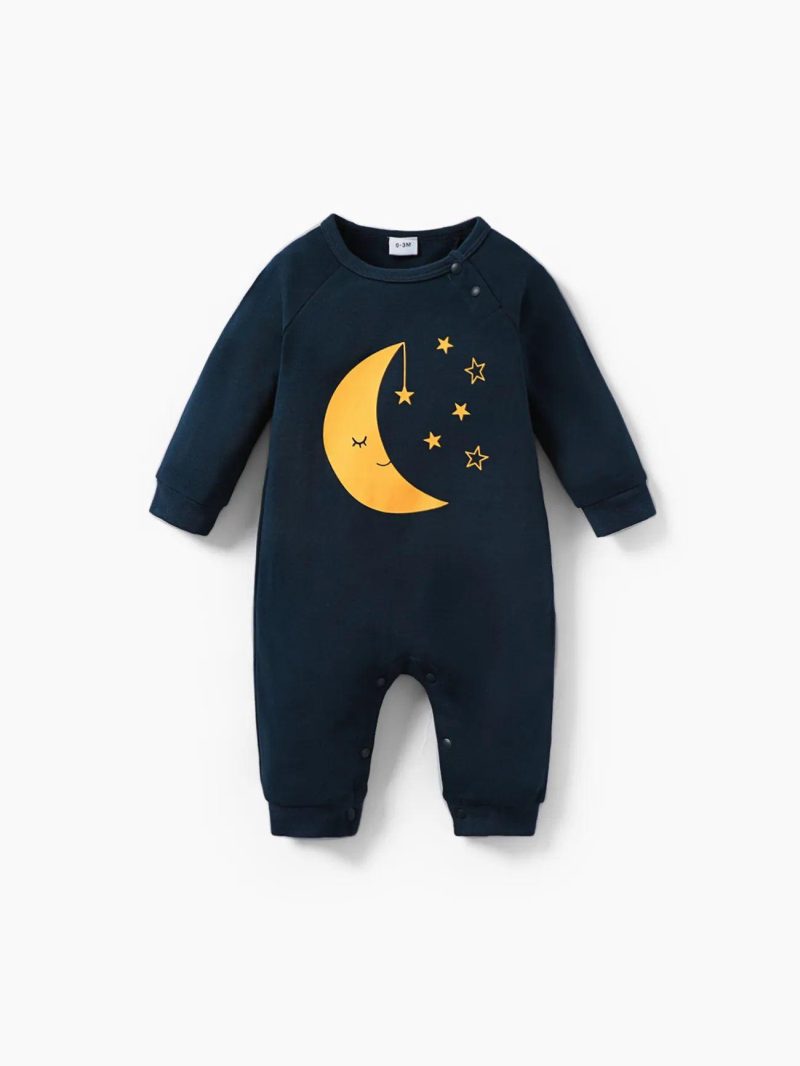 Bodysuits ＆ Rompers | Baby Boys 100% Cotton Moon or Cloud Print Long-sleeve Baby Jumpsuit Dark Blue|Dark Blue,White