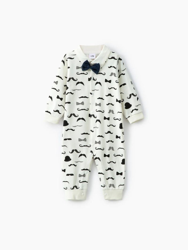 Bodysuits ＆ Rompers | Baby Boys 100% Cotton Moustache Pattern Bow Tie Decor Long-sleeve Baby Jumpsuit White