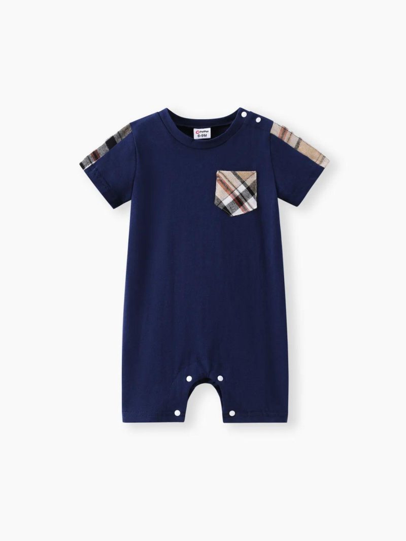 Bodysuits ＆ Rompers | Baby Boys 95% Cotton Plaid Spliced Short-sleeve Romper Blue