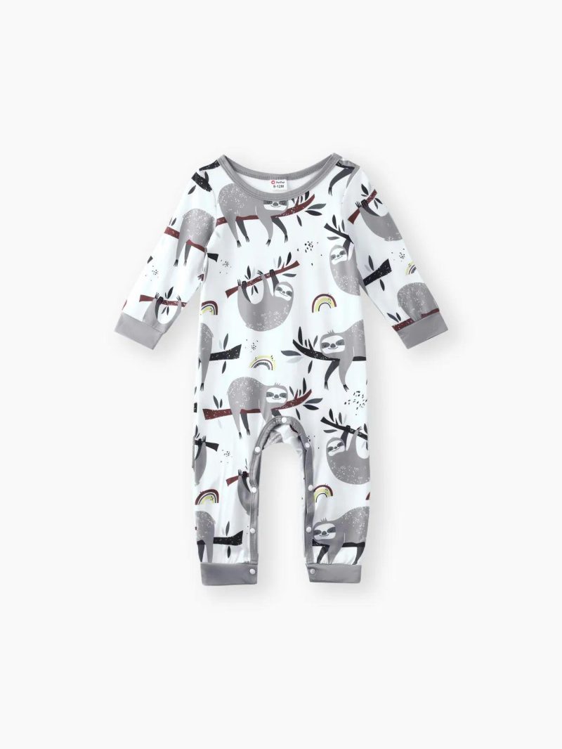 Bodysuits ＆ Rompers | Baby Boys All Over Cartoon Sloth Print White Long-sleeve Jumpsuit White|Navy