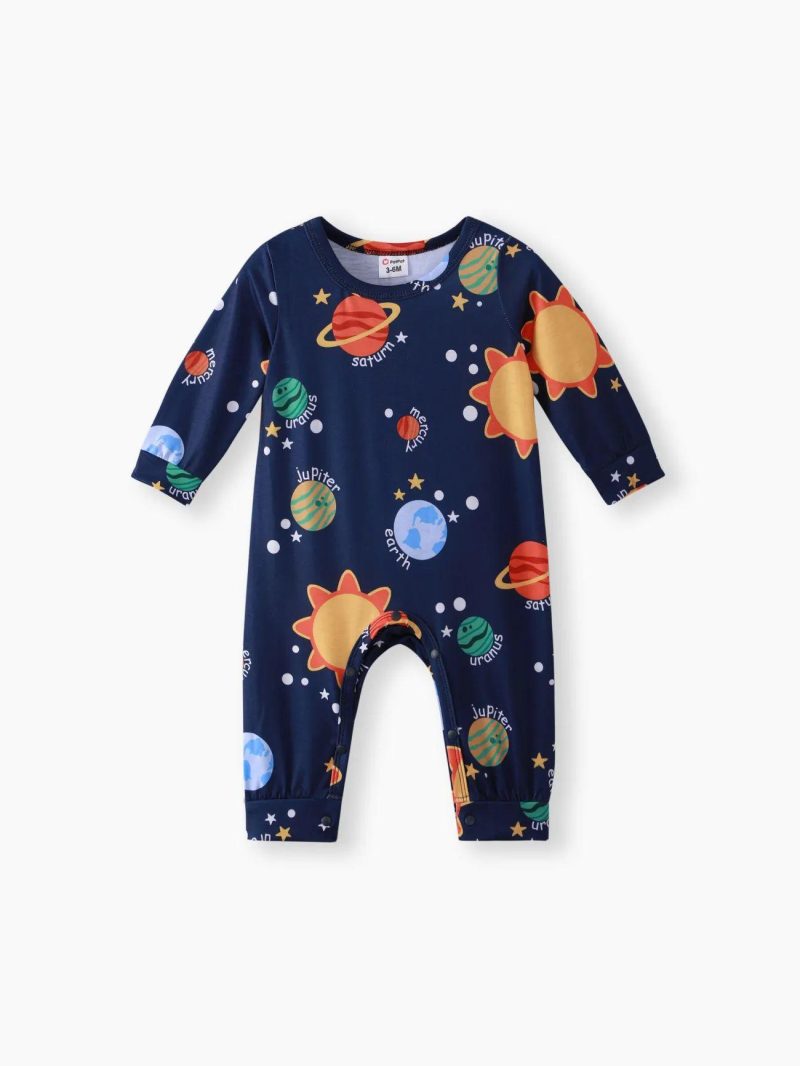 Bodysuits ＆ Rompers | Baby Boys All Over Solar System Planets and Letter Print Dark Blue Long-sleeve Jumpsuit Deep Blue