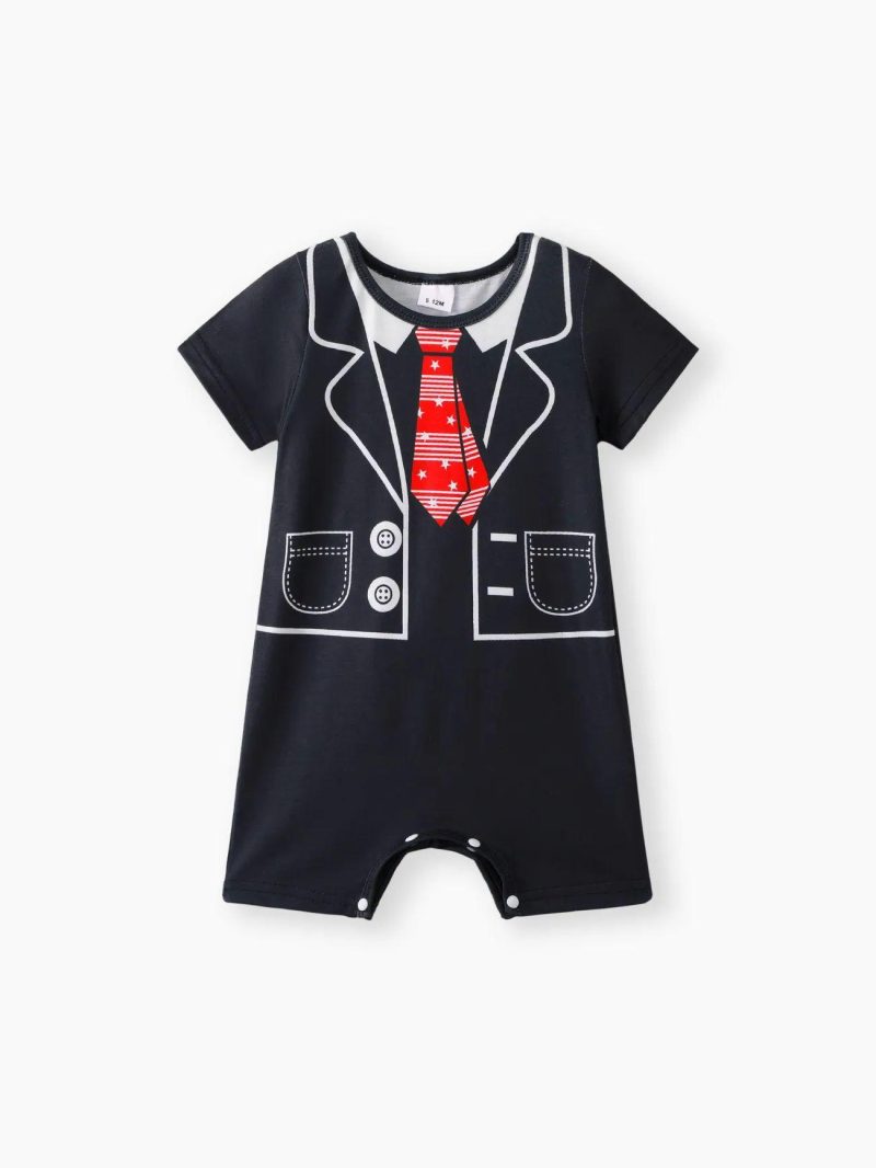 Bodysuits ＆ Rompers | Baby Boys Baby Printed Short-Sleeved Romper Suit in Soft Polyester Fabric Black