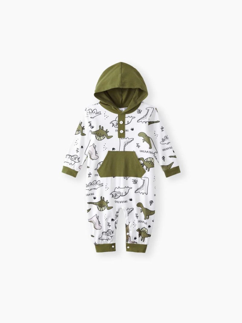 Bodysuits ＆ Rompers | Baby Boys Buttons Front Dinosaur Pattern Long-sleeve Hooded Jumpsuit  Green|Brown