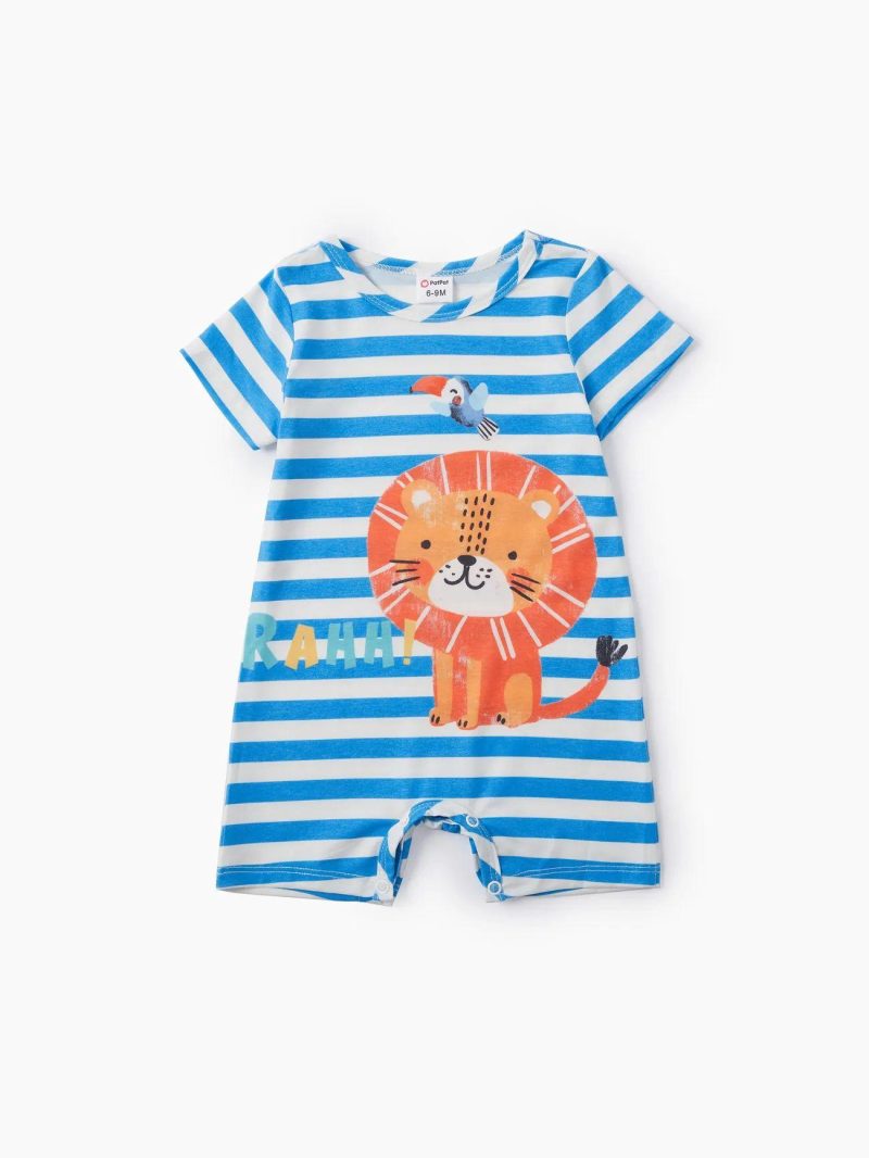 Bodysuits ＆ Rompers | Baby Boys Cartoon Lion Print Blue Striped Short-sleeve Romper Blue