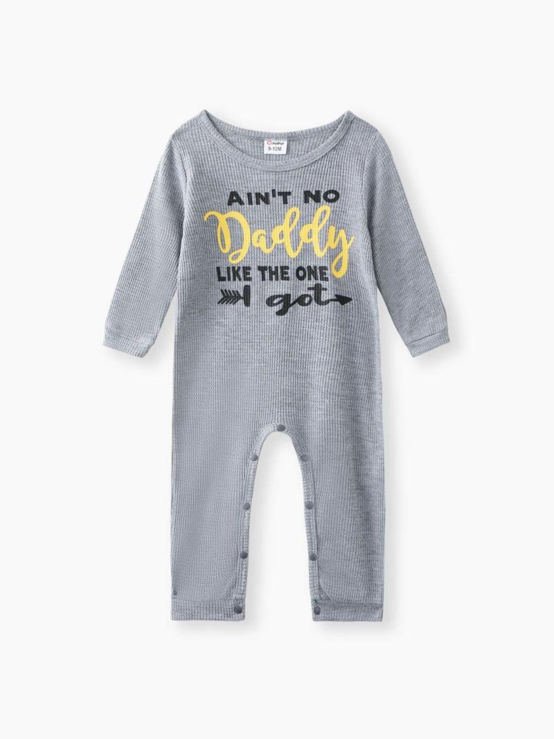 Bodysuits ＆ Rompers | Baby Boys Letter Print Solid Waffle Long-sleeve Jumpsuit Grey|Black