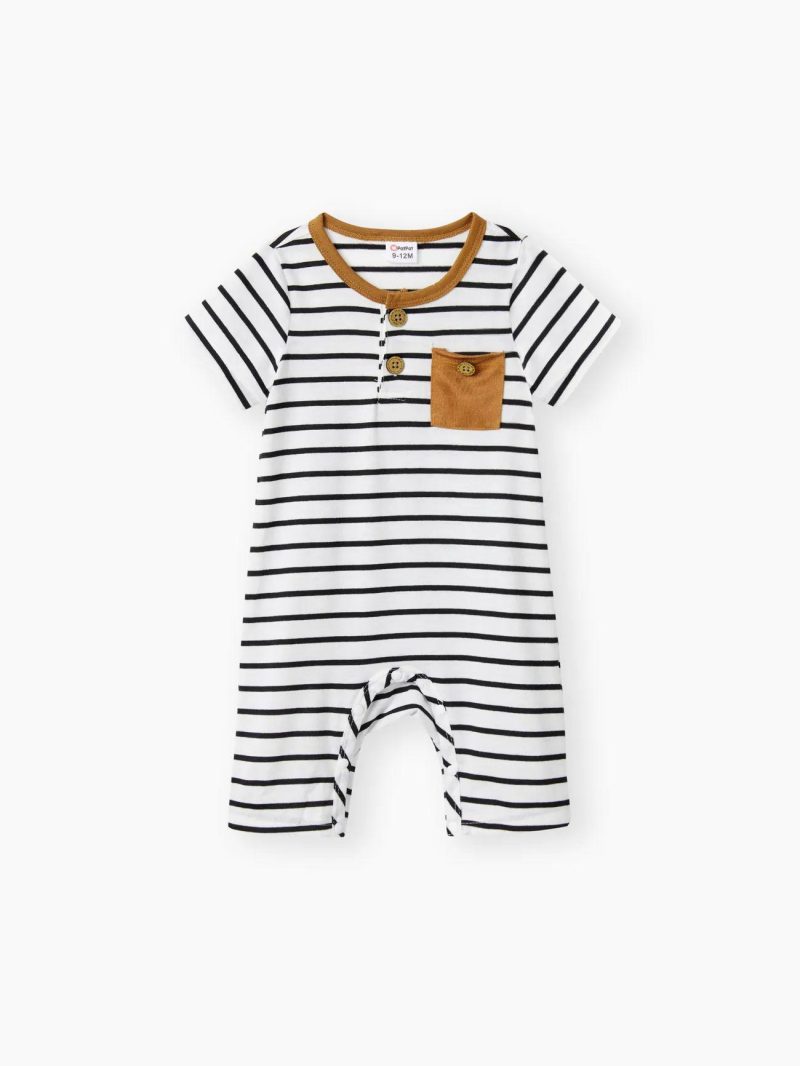 Bodysuits ＆ Rompers | Baby Boys Striped Button Up Short-sleeve Jumpsuit White|Coffee