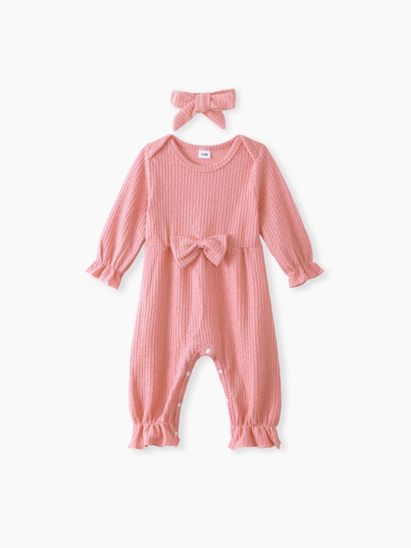 Bodysuits ＆ Rompers | Baby Girls 2pcs 100% Cotton Solid Ribbed Long-sleeve Bowknot Ruffle Jumpsuit and Headband Set  Pink|Apricot|Brick Red