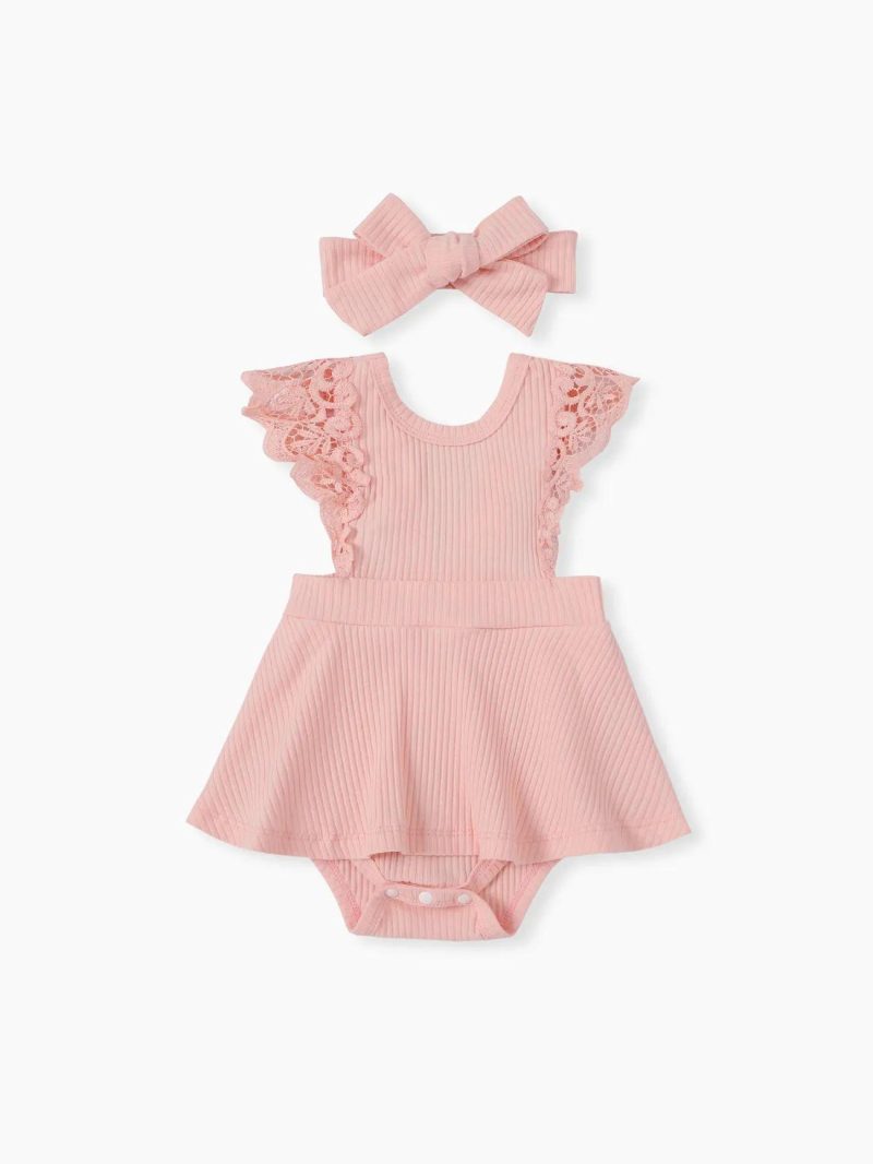 Bodysuits ＆ Rompers | Baby Girls 2pcs 95% Cotton Lace Flutter-sleeve Solid Ribbed Romper with Headband Set Pink|Green