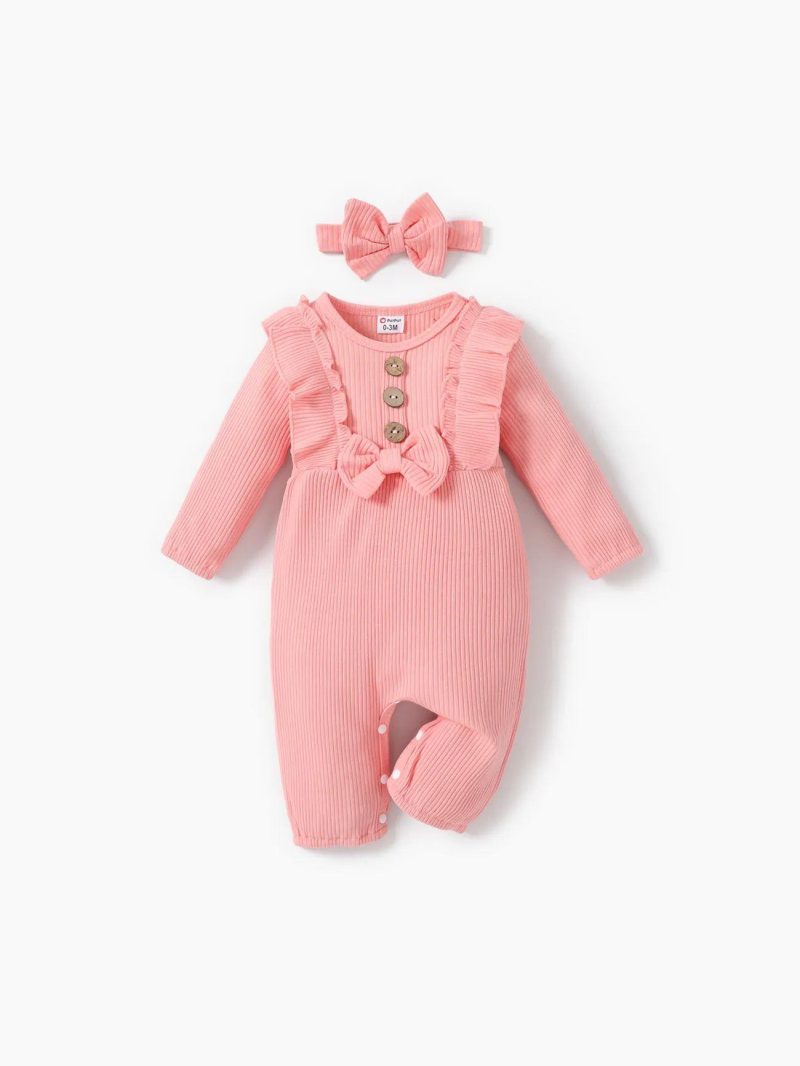 Bodysuits ＆ Rompers | Baby Girls 2pcs 95% Cotton Ribbed Long-sleeve Ruffle Bowknot Button Jumpsuit with Headband Set Pink|Green|Burgundy