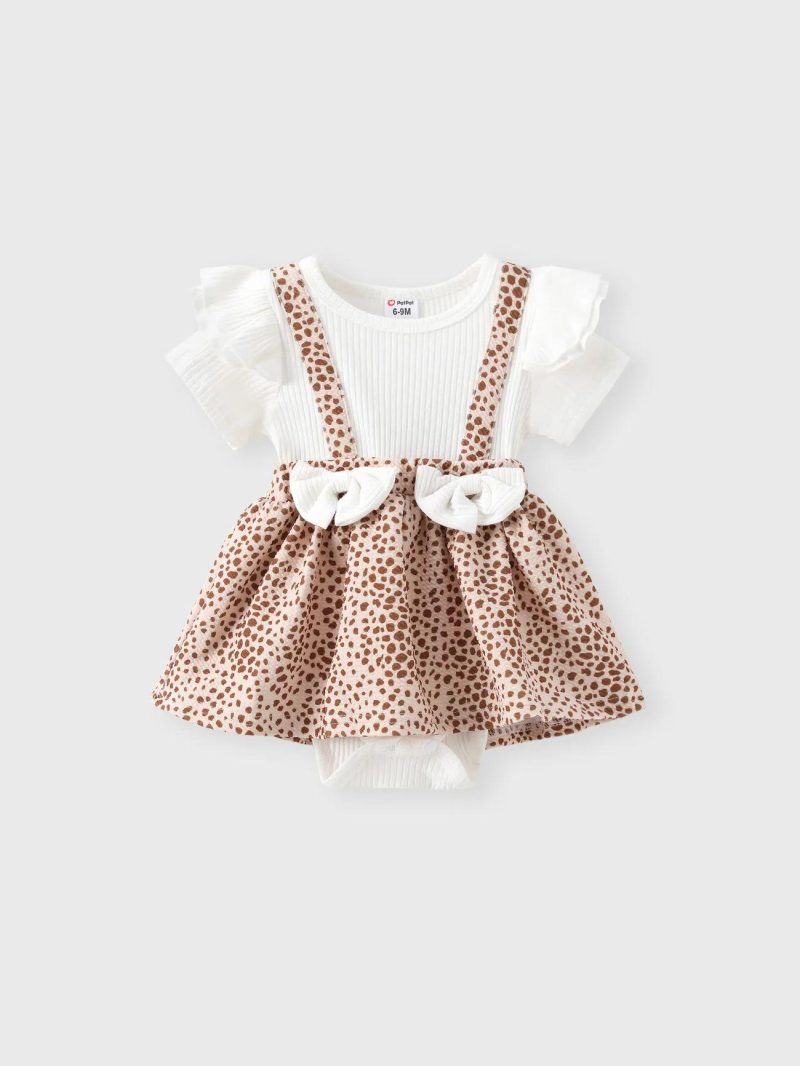 Bodysuits ＆ Rompers | Baby Girls 2pcs 95% Cotton Ribbed Ruffle Trim Bow Decor Leopard Print Spliced Short-sleeve Romper & Headband Set Brown