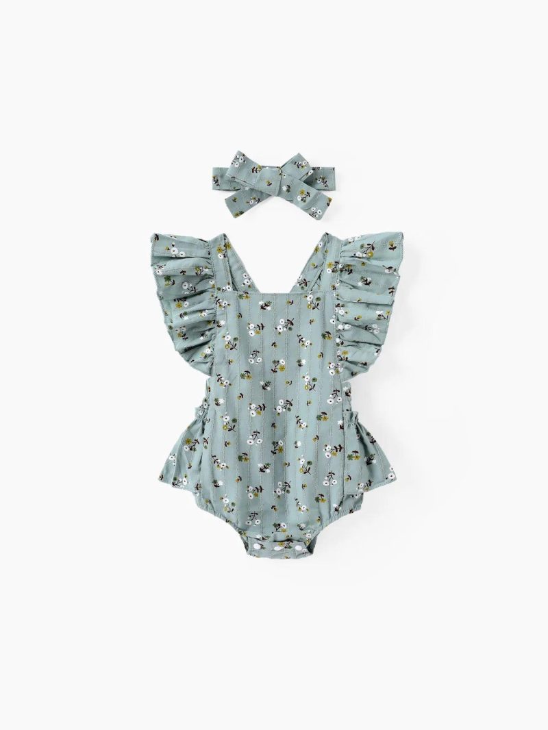 Bodysuits ＆ Rompers | Baby Girls 2pcs Allover Floral Print Ruffle Trim Sleeveless Romper & Headband Set Turquoise