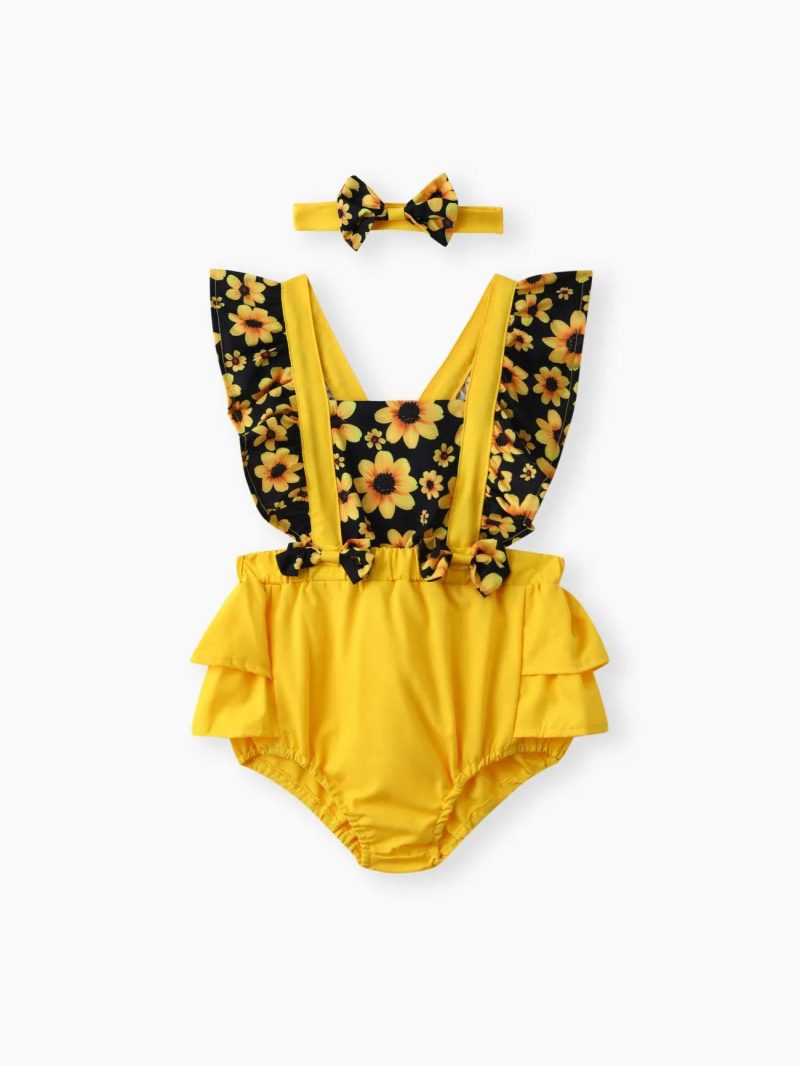 Bodysuits ＆ Rompers | Baby Girls 2pcs Sunflower Floral Print Splice Yellow Layered Sleeveless Ruffle Romper with Headband Set Yellow