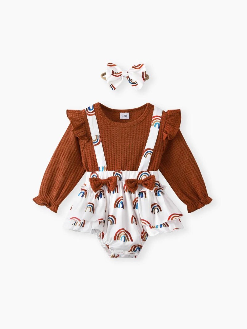 Bodysuits ＆ Rompers | Baby Girls Baby 2pcs Waffle Rainbow Print Faux-two Ruffle Bowknot Long-sleeve Romper Brown