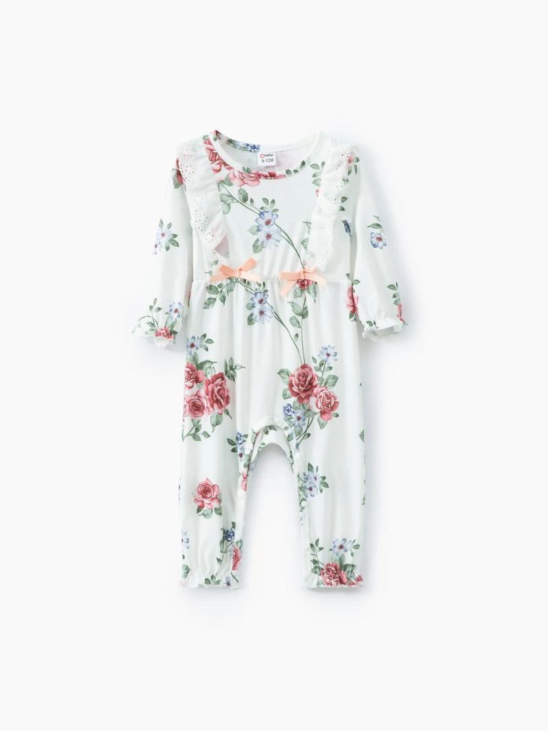 Bodysuits ＆ Rompers | Baby Girls Floral Allover Bow and Lace Decor Long-sleeve Baby Jumpsuit White|Pink