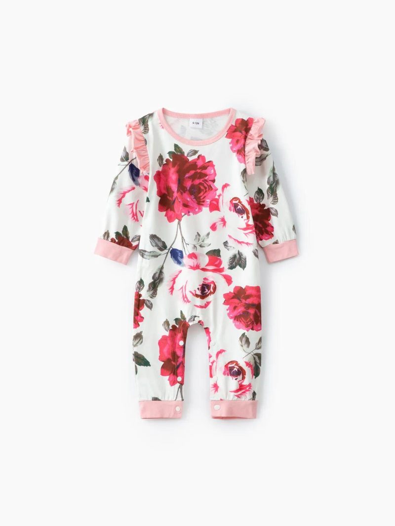 Bodysuits ＆ Rompers | Baby Girls Floral Print Ruffled Long-sleeve Baby Jumpsuit Pink