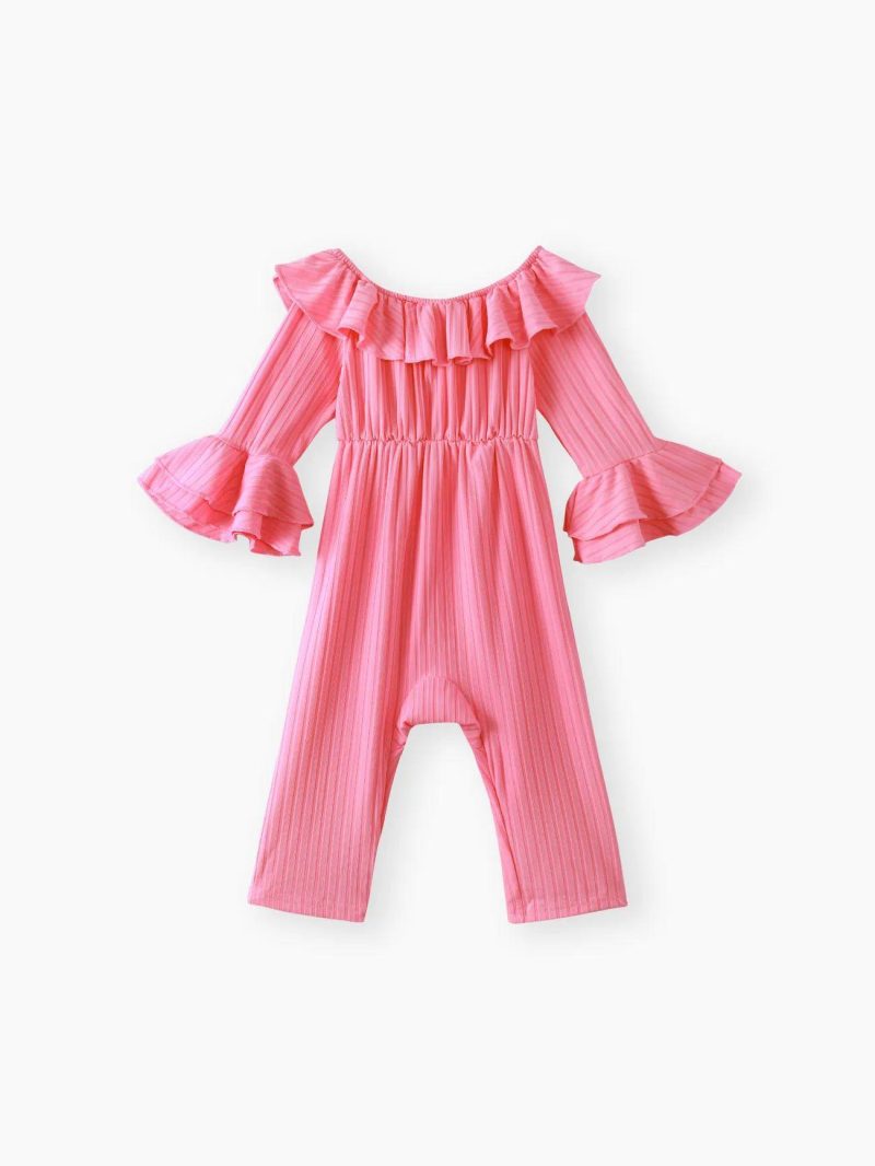 Bodysuits ＆ Rompers | Baby Girls Solid Ribbed Off Shoulder Ruffle Bell Sleeve Jumpsuit Pink|Ginger|Burgundy