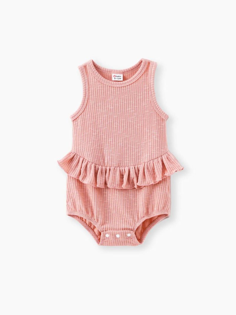 Bodysuits ＆ Rompers | Baby Girls Solid Ribbed Ruffle Trim Tank Romper Pink|Ginger|Apricot