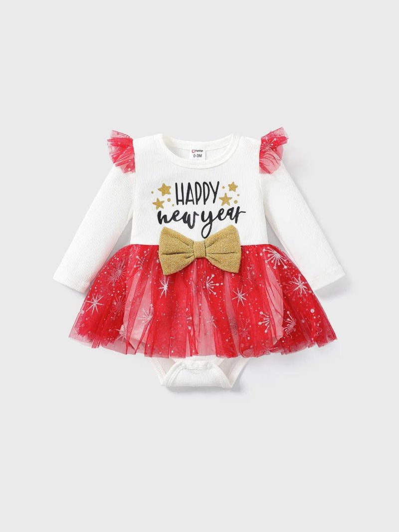 Bodysuits ＆ Rompers | Baby Girls Sweet New Year Pattern Butterfly Bow Ruffle Mesh Romper Red|Black