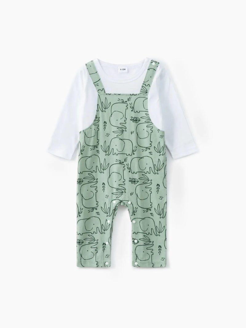 Bodysuits ＆ Rompers | Baby Girls|Baby Boys 100% Cotton All Over Cartoon Elephant Print Faux-two Long-sleeve Jumpsuit Light Green