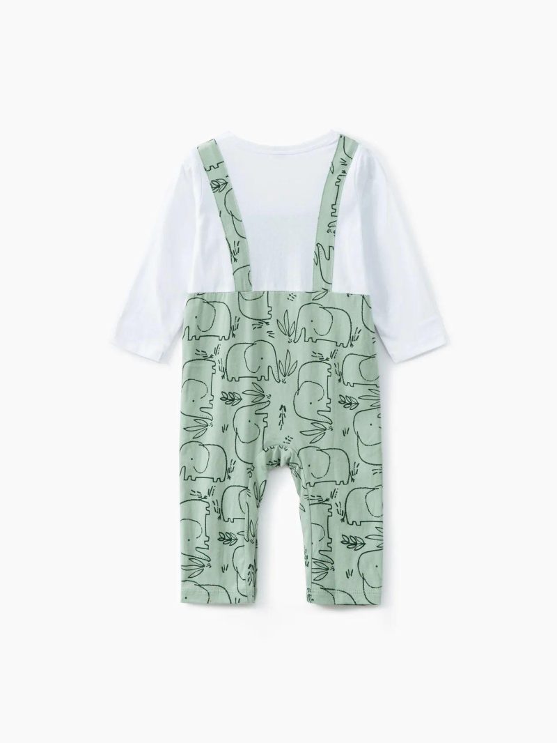 Bodysuits ＆ Rompers | Baby Girls|Baby Boys 100% Cotton All Over Cartoon Elephant Print Faux-two Long-sleeve Jumpsuit Light Green