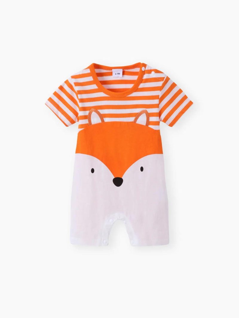 Bodysuits ＆ Rompers | Baby Girls|Baby Boys 100% Cotton Fox Stripe Print Short-sleeve Orange Baby Romper Orange