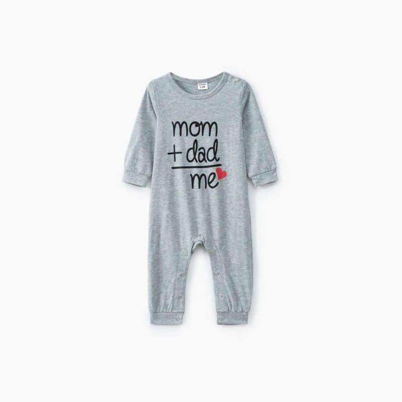 Bodysuits ＆ Rompers | Baby Girls|Baby Boys 100% Cotton Letter and Heart Print Long-sleeve Gery Baby Jumpsuit Grey|Burgundy