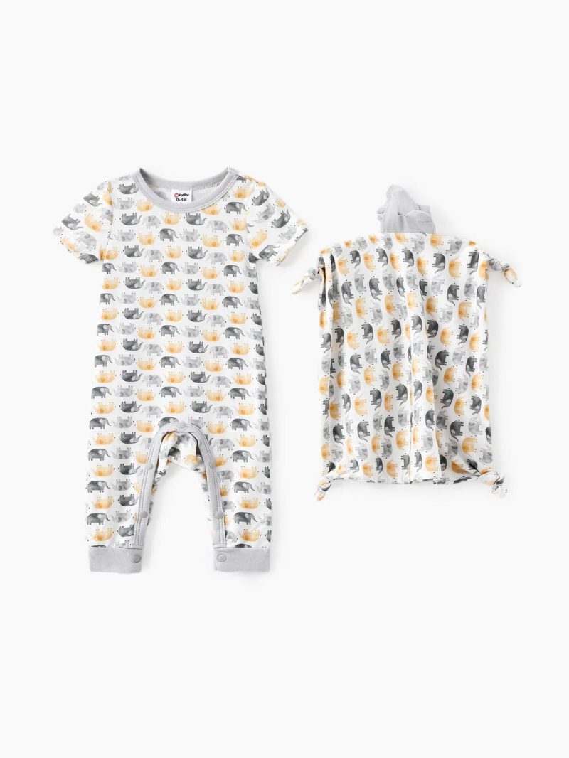 Bodysuits ＆ Rompers | Baby Girls|Baby Boys 2pcs Bamboo Fabric Elephant Print Pajama Jumpsuit with Soothing Towel Grey