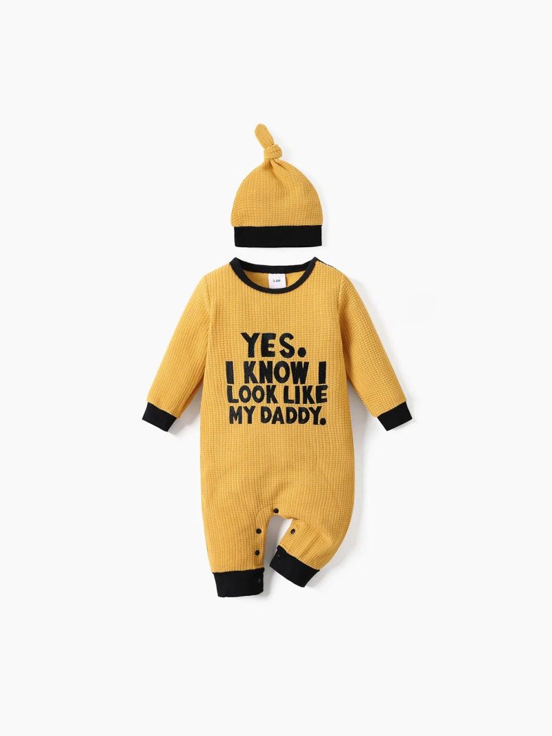 Bodysuits ＆ Rompers | Baby Girls|Baby Boys 2pcs Letter Embroidered Long-sleeve Knitted Jumpsuit with Hat Set Yellow|Burgundy