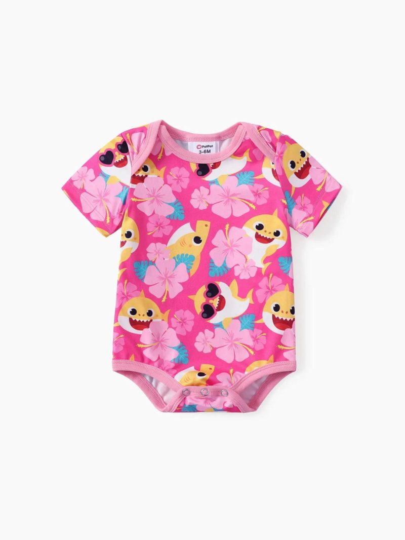 Bodysuits ＆ Rompers | Baby Girls|Baby Boys Baby Shark 1pc Floral Shark Print Short-sleeve Romper Pink|Yellow