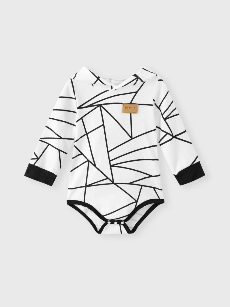 Bodysuits ＆ Rompers | Baby Girls|Baby Boys Badge Detail Allover Geo Print Hooded Long-sleeve Romper White