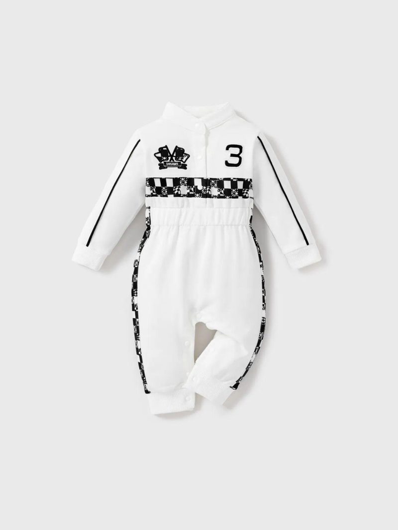 Bodysuits ＆ Rompers | Baby Girls|Baby Boys  Bold Color-blocking Sporty Grid/Houndstooth Jumpsuit White