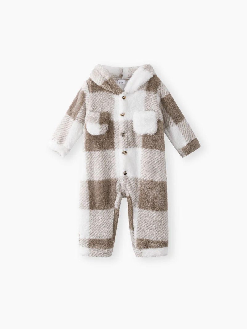 Bodysuits ＆ Rompers | Baby Girls|Baby Boys Casual Grid Pattern Hooded Loose Jumpsuit Brown