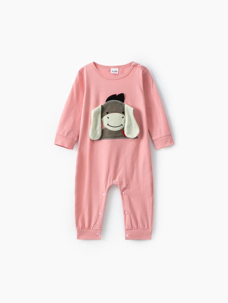 Bodysuits ＆ Rompers | Baby Girls|Baby Boys Donkey Embroidery 3D Ear Design Long-sleeve Green Baby Jumpsuit Pink|Green|Grey|Ginger|Deep Blue