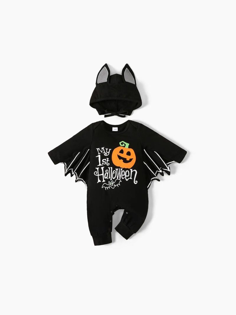 Bodysuits ＆ Rompers | Baby Girls|Baby Boys Halloween 2pcs 95% Cotton Batwing Sleeve Pumpkin & Letter Print Jumpsuit with Hat Set Black|Color-A|Color-B