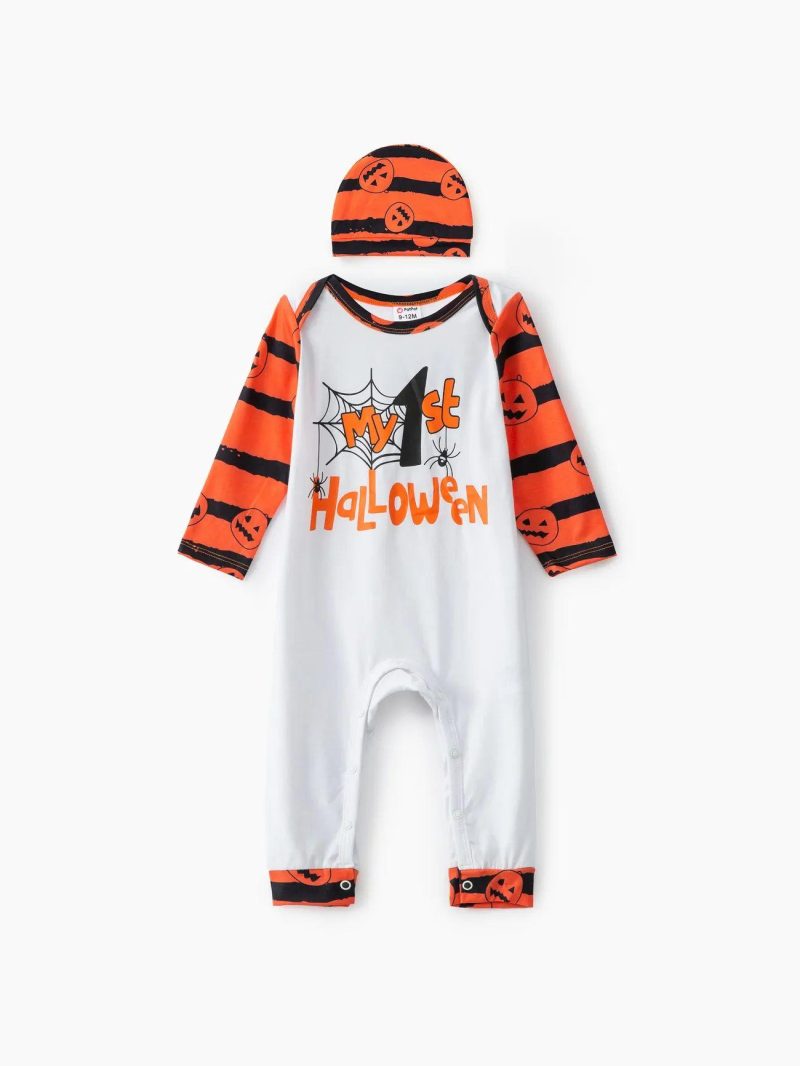 Bodysuits ＆ Rompers | Baby Girls|Baby Boys Halloween Baby Naia Letter Pumpkin Pattern Long Sleeve Jumpsuit Set White