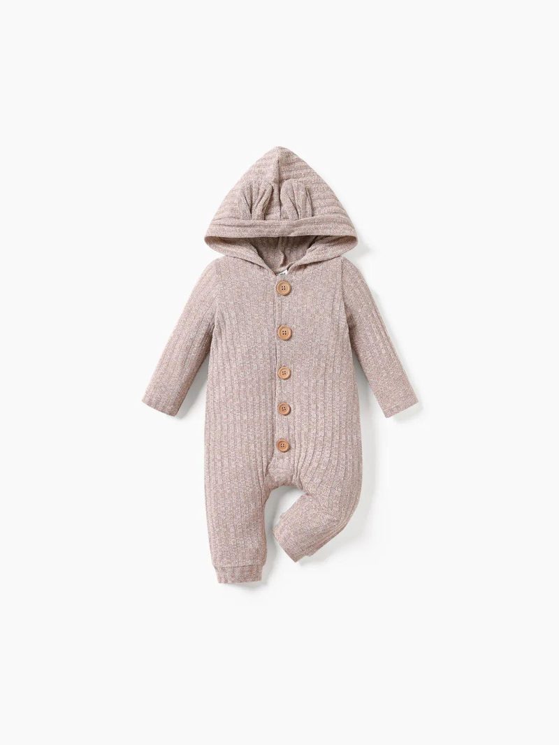 Bodysuits ＆ Rompers | Baby Girls|Baby Boys Heathered Ribbed Long-sleeve 3D Ears Hooded Button Down Jumpsuit Apricot|Brown|Black,White