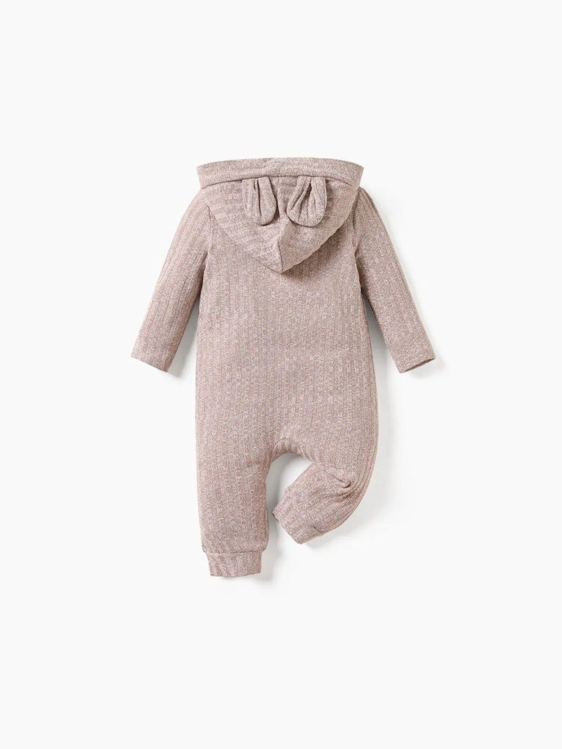 Bodysuits ＆ Rompers | Baby Girls|Baby Boys Heathered Ribbed Long-sleeve 3D Ears Hooded Button Down Jumpsuit Apricot|Brown|Black,White