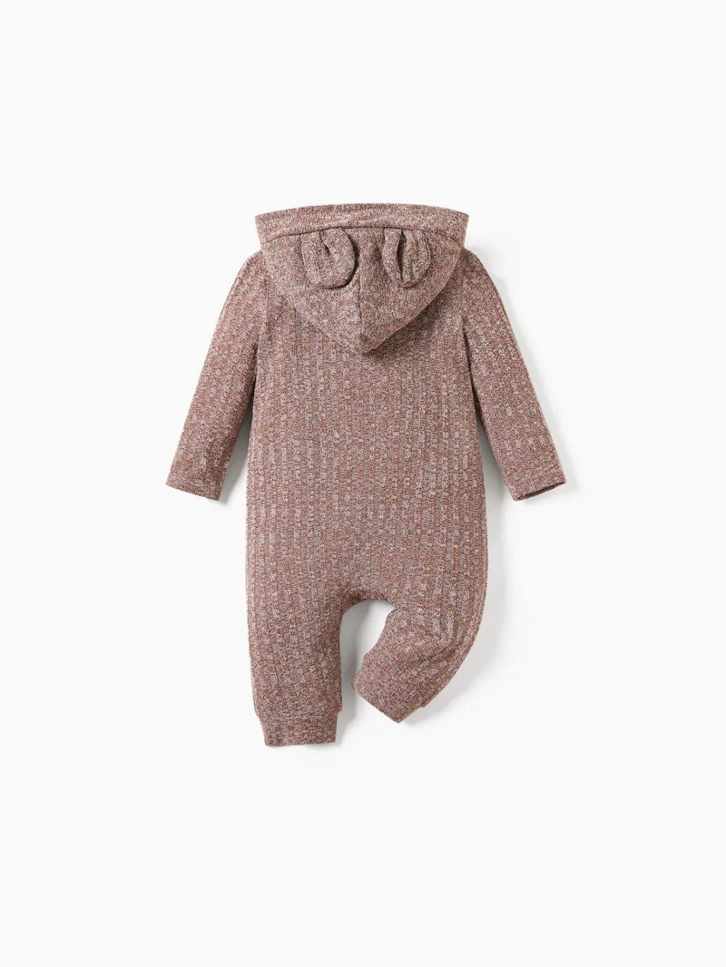 Bodysuits ＆ Rompers | Baby Girls|Baby Boys Heathered Ribbed Long-sleeve 3D Ears Hooded Button Down Jumpsuit Apricot|Brown|Black,White