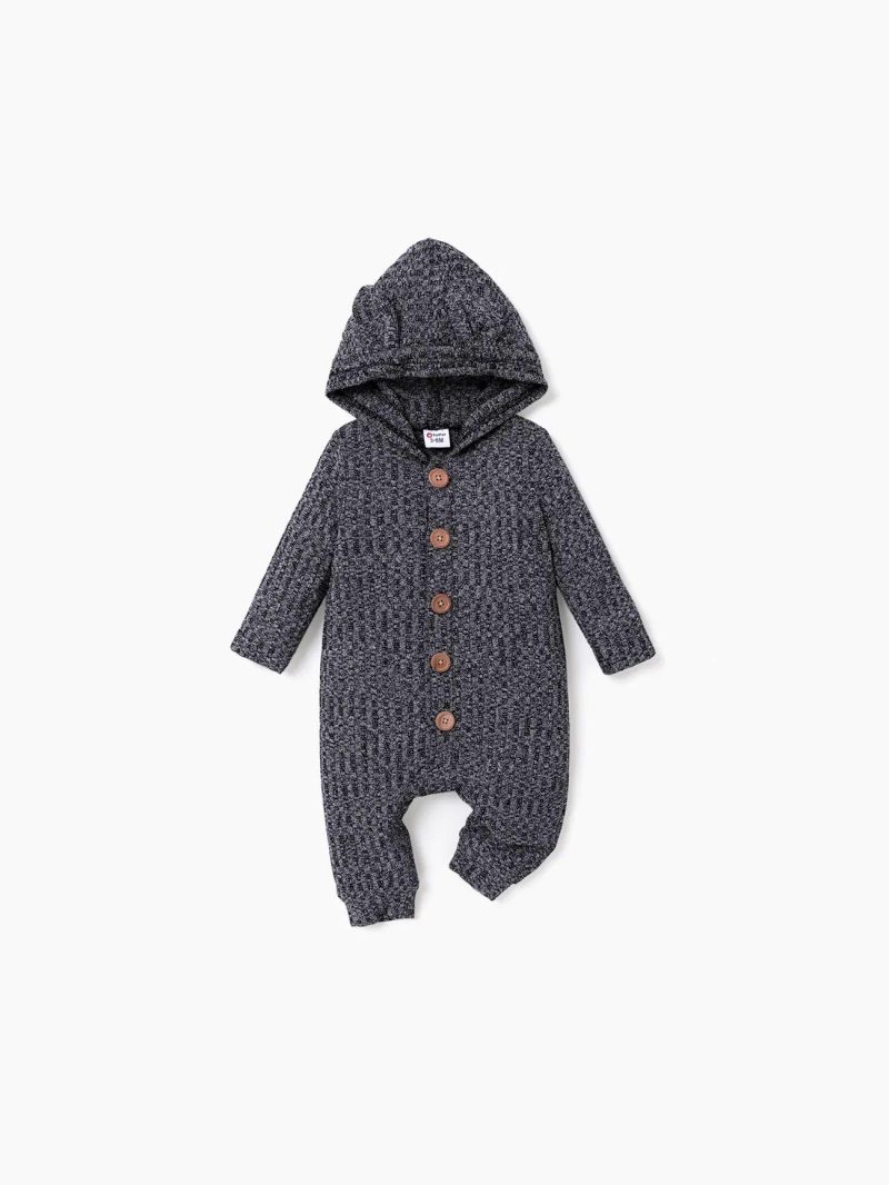 Bodysuits ＆ Rompers | Baby Girls|Baby Boys Heathered Ribbed Long-sleeve 3D Ears Hooded Button Down Jumpsuit Apricot|Brown|Black,White