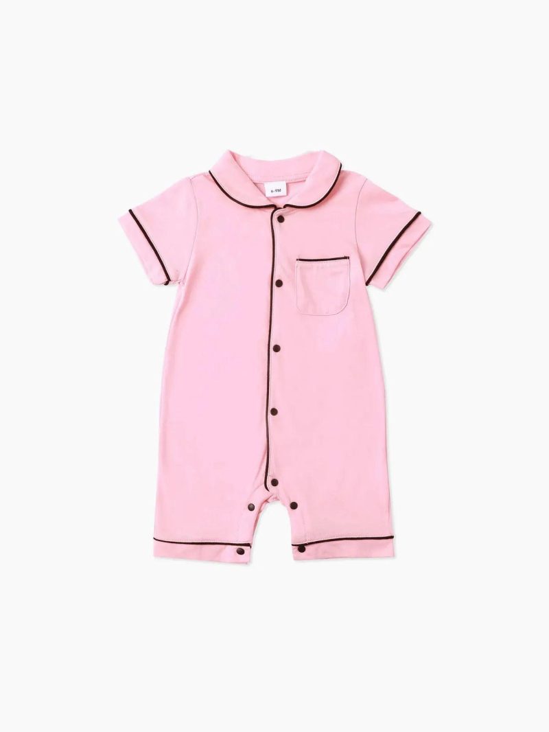 Bodysuits ＆ Rompers | Baby Girls|Baby Boys Solid Cotton Color-block Short Sleeves Lapel Jumpsuit Pink|Grey|Graygreen|Tibetan Blue