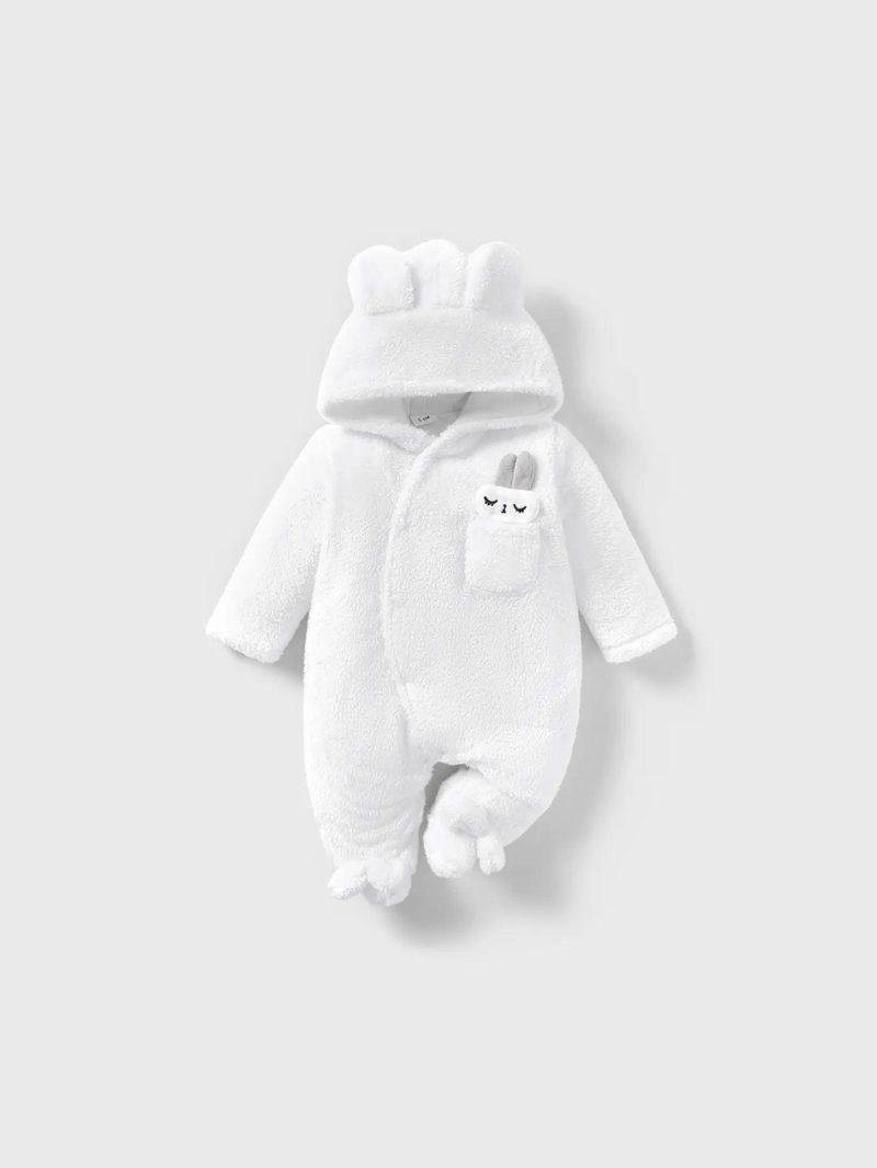 Bodysuits ＆ Rompers | Baby Girls|Baby Boys Solid Rabbit Decor Fleece Hooded Footed/footie Long-sleeve Baby Jumpsuit White|Pink|Purple