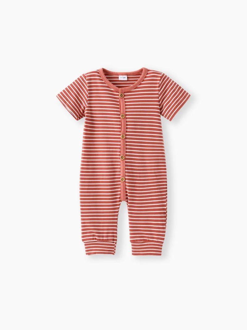 Bodysuits ＆ Rompers | Baby Girls|Baby Boys Stripe Print Short-sleeve Baby Jumpsuit Pink|Ginger|Light Blue|Brown|Lavender