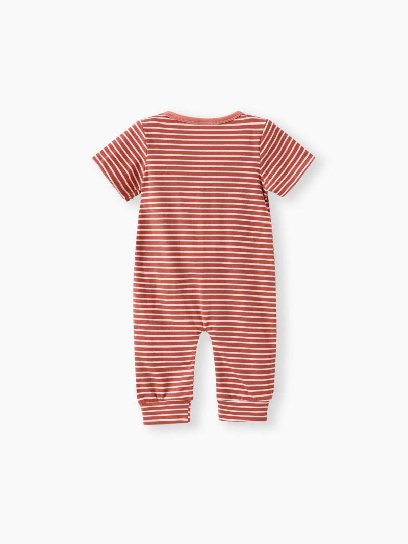 Bodysuits ＆ Rompers | Baby Girls|Baby Boys Stripe Print Short-sleeve Baby Jumpsuit Pink|Ginger|Light Blue|Brown|Lavender