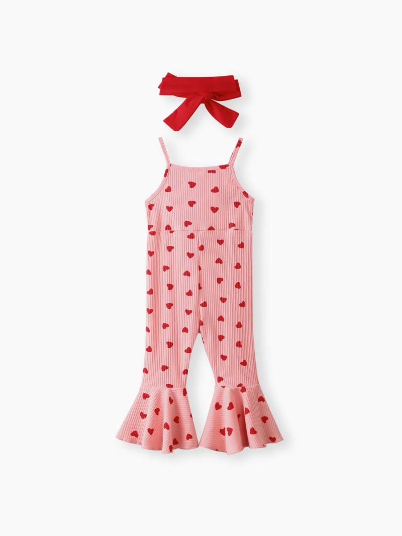 Bottoms ＆ Leggings | Baby Girls 2pcs Allover Heart Print Bow Front Bell Bottom Ribbed Cami Jumpsuit & Headband Set Pink