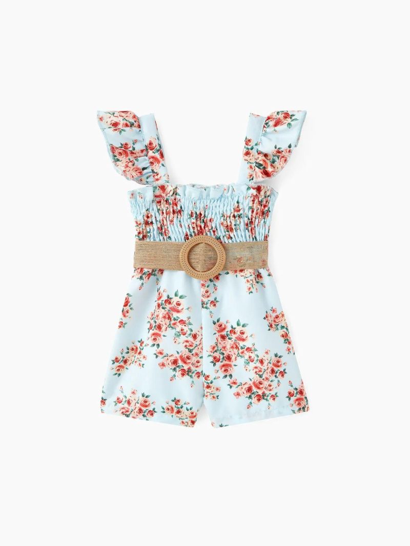 Bottoms ＆ Leggings | Baby Girls Floral Print Flutter-sleeve Belted Smocked Romper Blue