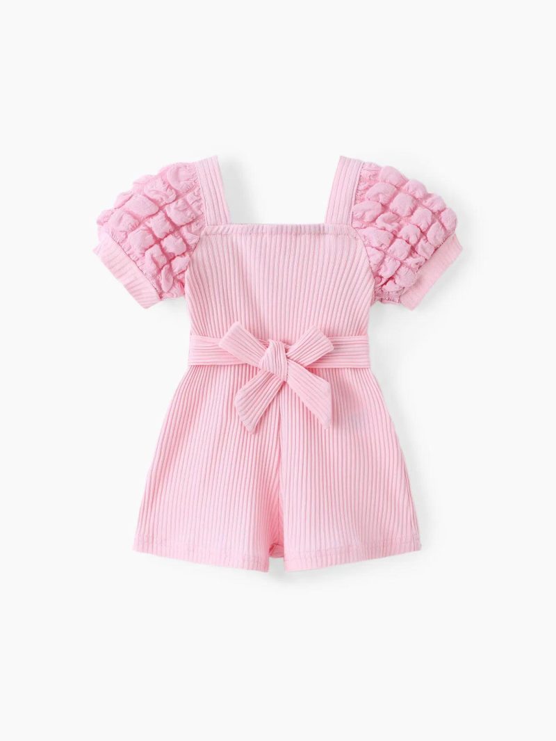 Bottoms ＆ Leggings | Baby Girls Puff-sleeve Solid Color Jumpsuit Pink|Ginger-2