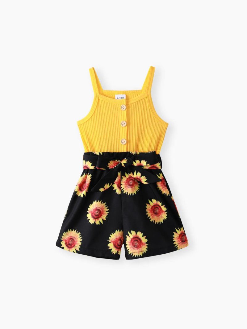 Bottoms ＆ Leggings | Baby Girls Sunflower Print & Ribbed Spliced Spaghetti Strap Romper Shorts Yellow