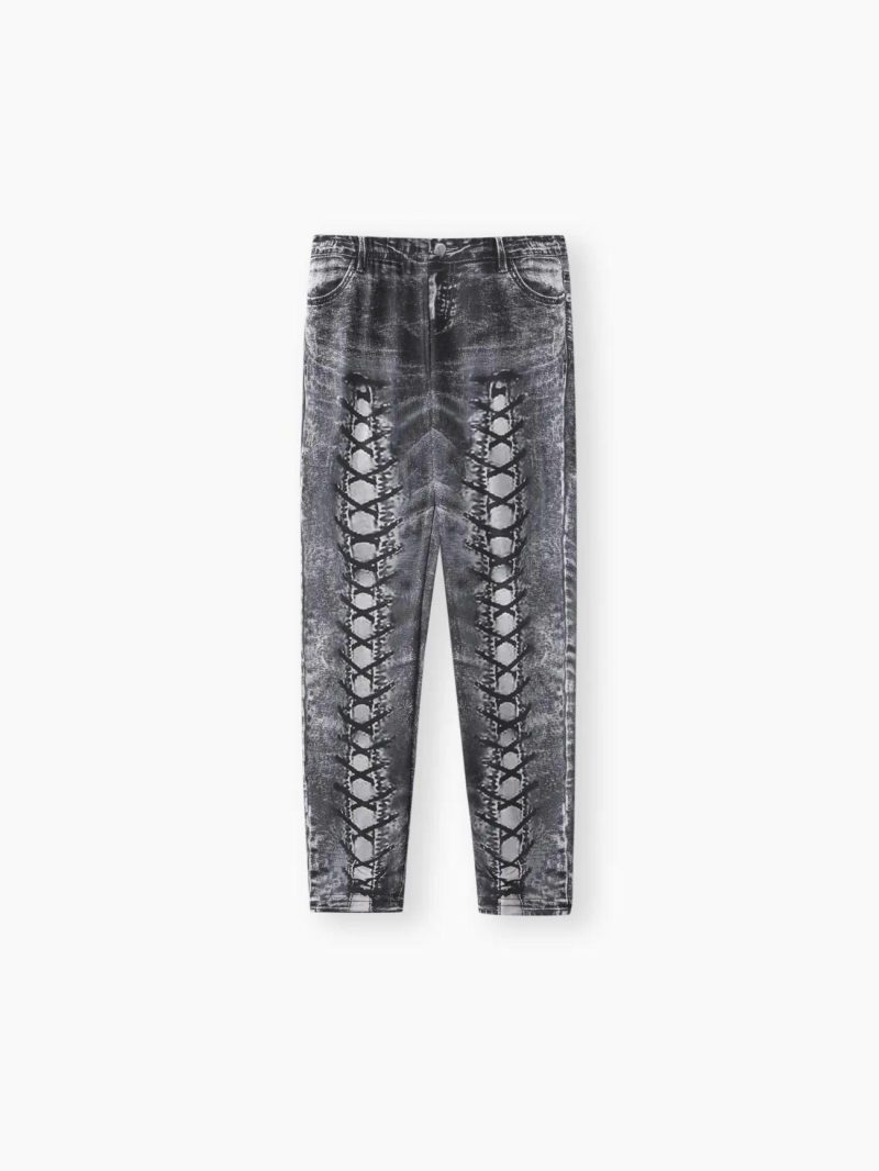 Bottoms & Leggings | Girls Lace-up Pattern Print Elasticized Skinny Pants Leggings(Not Denim Leggings ) Grey|Denimblue